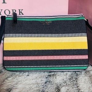 Kate Spade Boardwalk Stripe Crossbody Bag Leather Trim Triple Compartment NWT